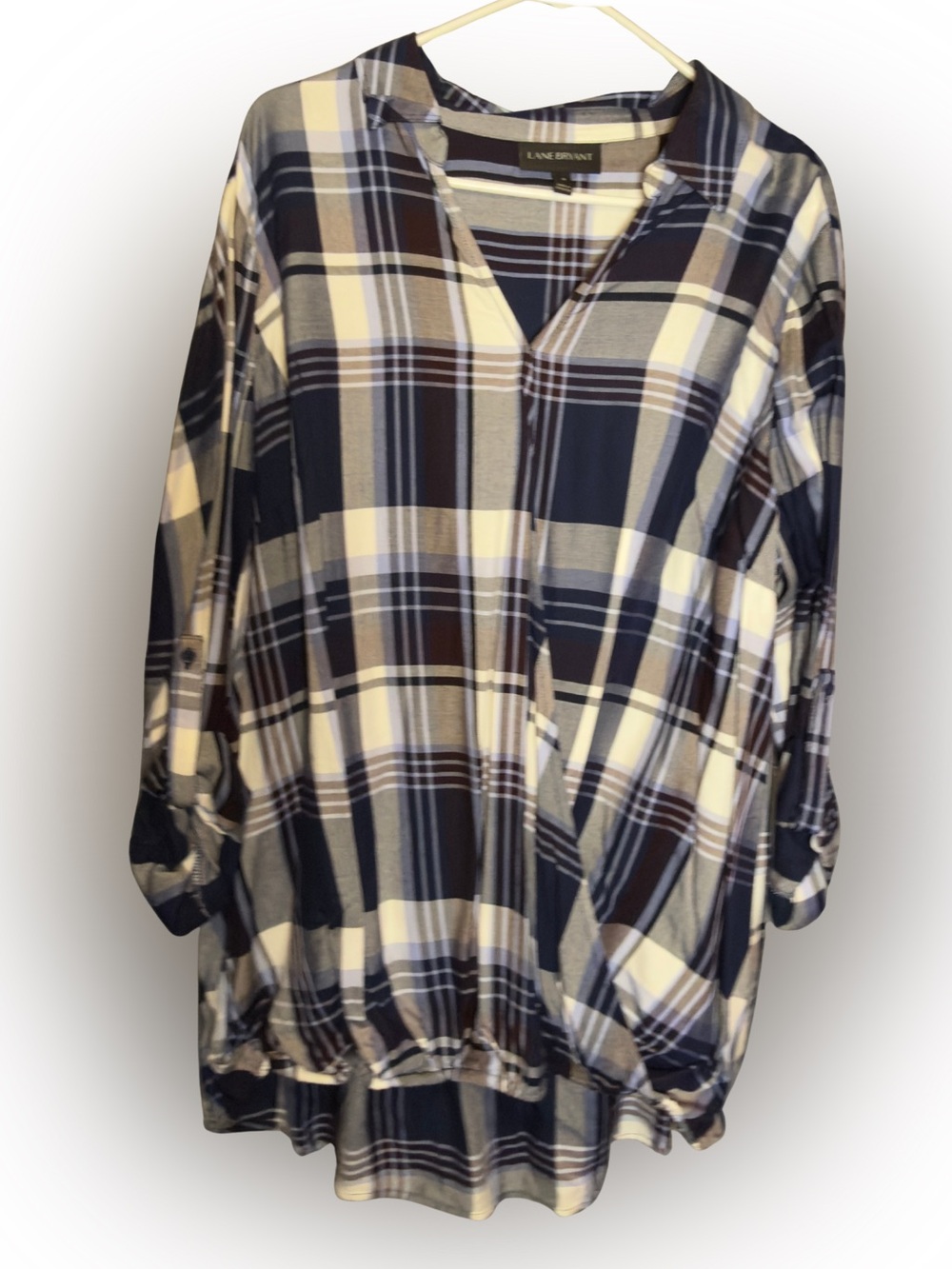 Lane Bryant Navy, White & Gray Plaid Button-Tab Tunic